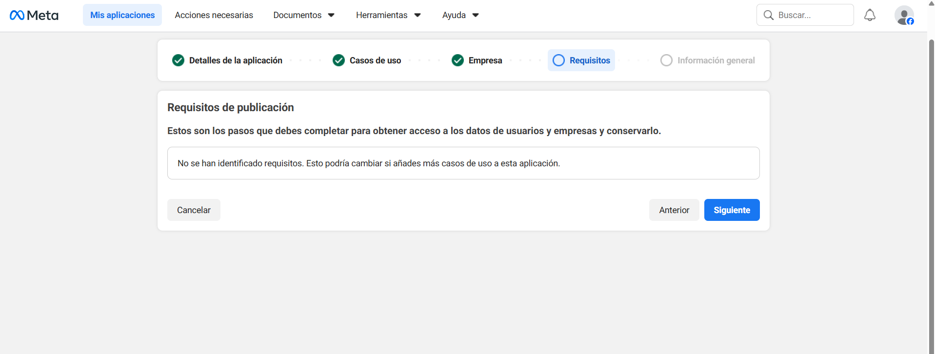 Pantalla de requisitos vacía